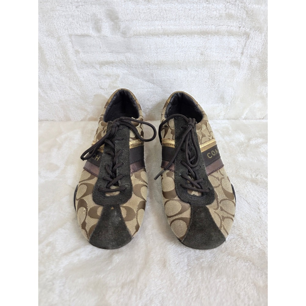 Coach Womens‎ Signature Jacquard Sneakers Brown Gold Suede Low Top Shoes Size 6M